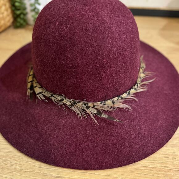 HINGE Nordstrom Feather Trimmed Floppy Wool Hat One Size Burgundy Tan Adjustable - Picture 2 of 8